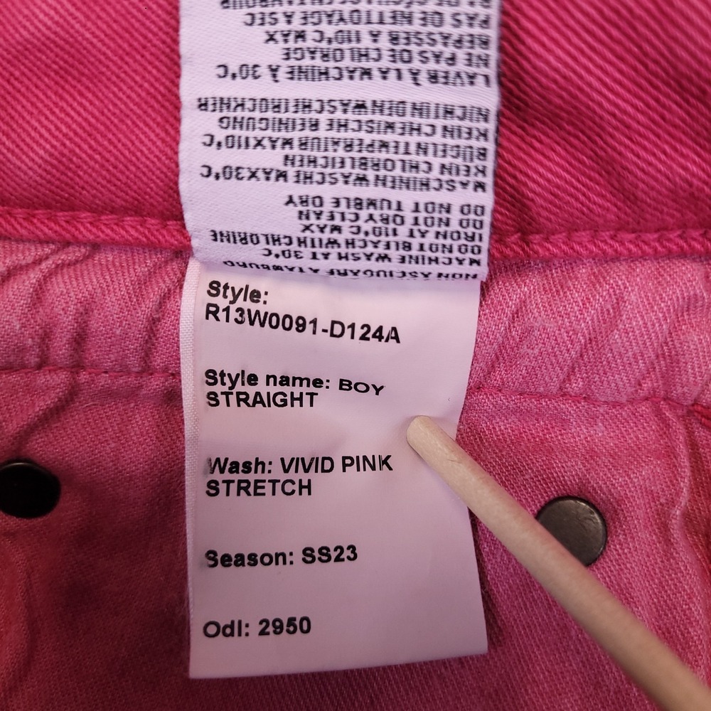 R13 Boy Straight 26x24.5 Actual Sz Vivid Pink Low Rise Stretch Italian SS23 - Picture 12 of 16
